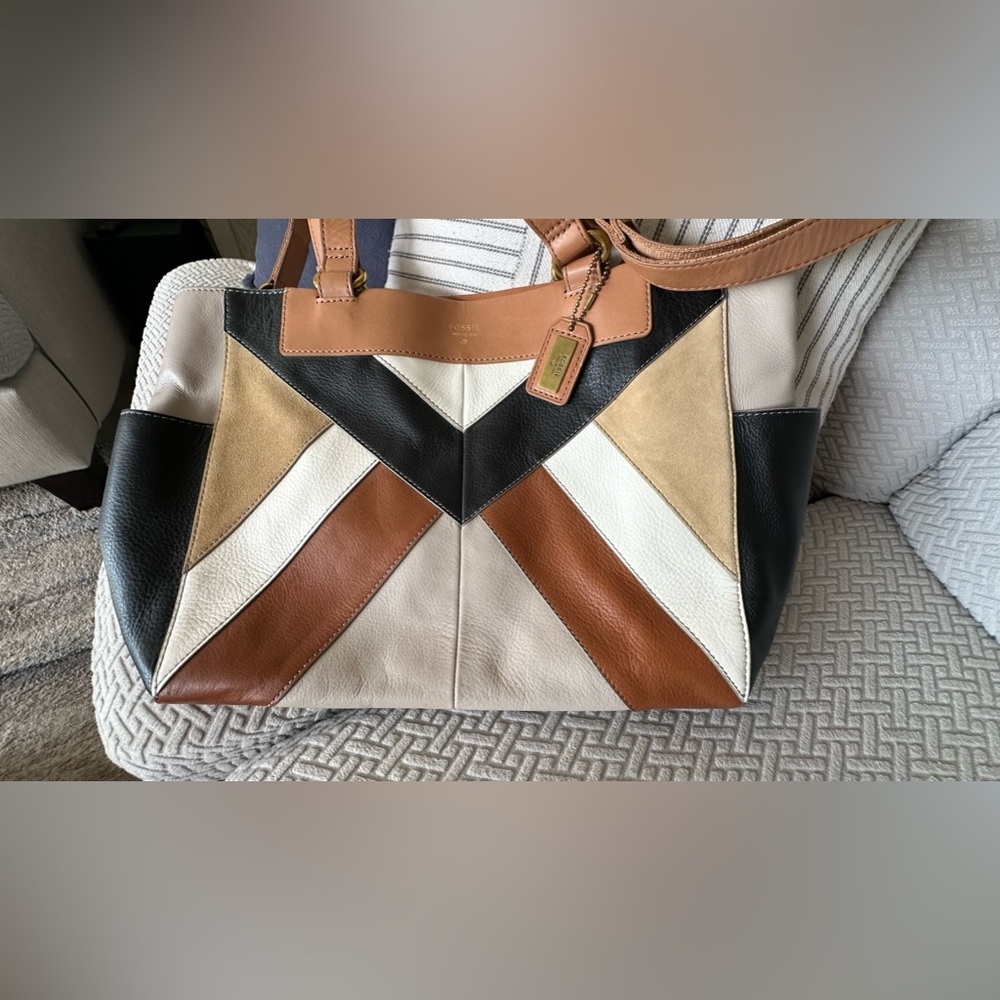 Fossil Amanda Colorblock Leather Shopper Tote Large Shoulder Bag EUC - Picture 15 of 16